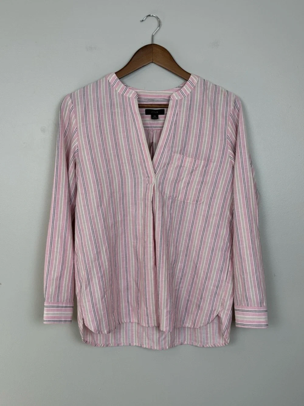 J Crew Top Womens XS Pink White‎ Stripe V-Neck Cotton Poplin Long Sleeve Blouse